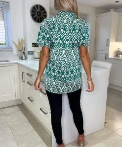AX Paris Green Printed Short Sleeve Button Up Shirt Tops