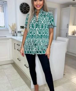 AX Paris Green Printed Short Sleeve Button Up Shirt Tops