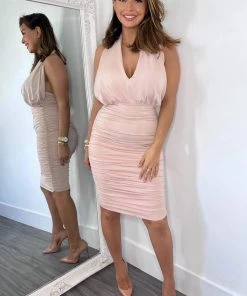 AX Paris Nude Halter Tie Neck Ruched Midi Bodycon Dress