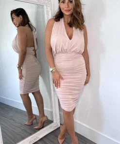AX Paris Nude Halter Tie Neck Ruched Midi Bodycon Dress
