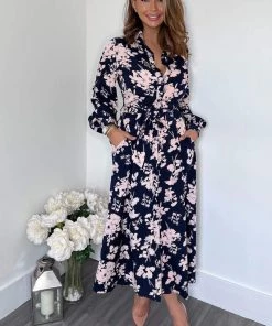 AX Paris Dresses Navy And Pink Floral Button Up Midi Shirt Dress