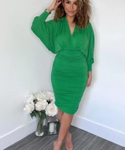 AX Paris Green Ruched Bat Wing Sleeve Midi Dress