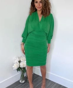 AX Paris Green Ruched Bat Wing Sleeve Midi Dress