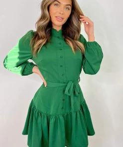 AX Paris Green High Neck Button Frill Hem Dress Dresses