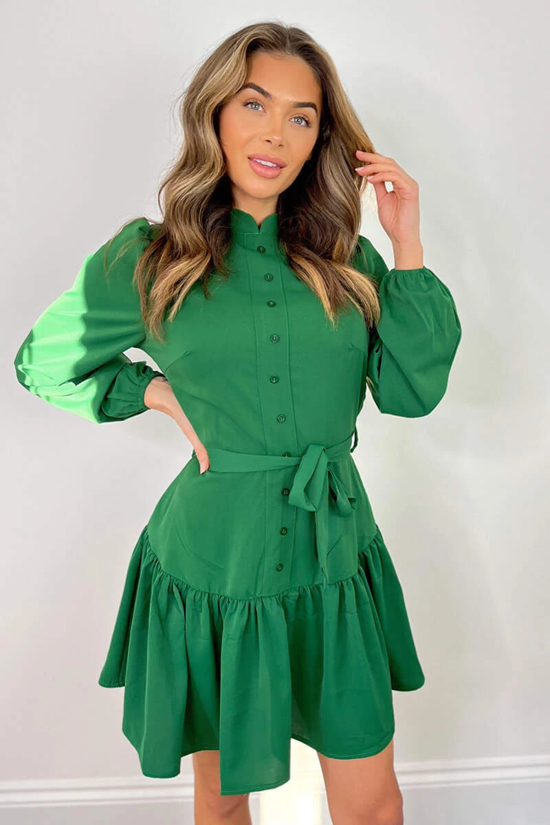 AX Paris Green High Neck Button Frill Hem Dress Dresses 1 AX Paris Green High Neck Button Frill Hem Dress Dresses