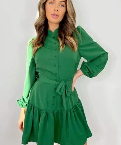 AX Paris Green High Neck Button Frill Hem Dress Dresses