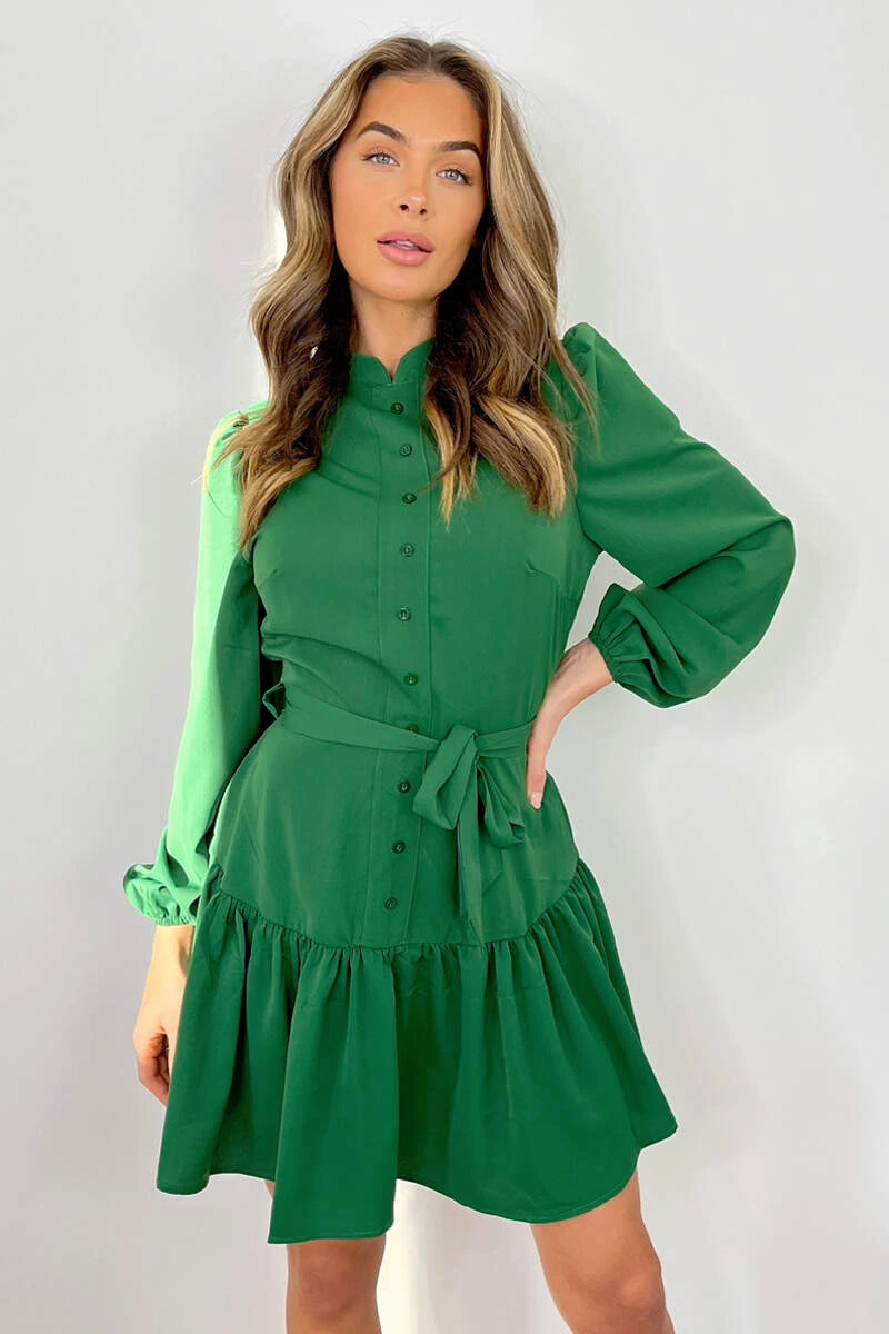 AX Paris Green High Neck Button Frill Hem Dress Dresses 2 AX Paris Green High Neck Button Frill Hem Dress Dresses