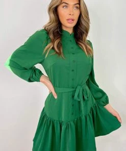 AX Paris Green High Neck Button Frill Hem Dress Dresses 7 AX Paris Green High Neck Button Frill Hem Dress Dresses
