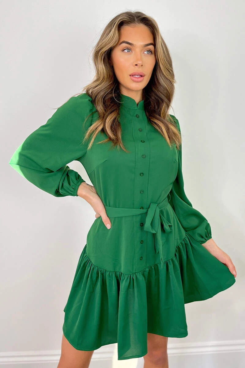 AX Paris Green High Neck Button Frill Hem Dress Dresses 3 AX Paris Green High Neck Button Frill Hem Dress Dresses