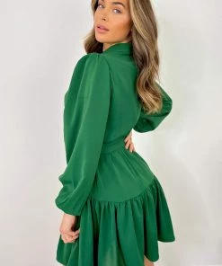 AX Paris Green High Neck Button Frill Hem Dress Dresses 8 AX Paris Green High Neck Button Frill Hem Dress Dresses