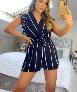 AX Paris Jumpsuits And Playsuits Navy Striped Wrap Top Belted Playsuit