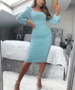 AX Paris Powder Blue Square Neck Ruched Long Sleeve Midi Dress Dresses