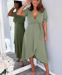AX Paris Dresses Khaki Wrap Side Tie Midi Dress