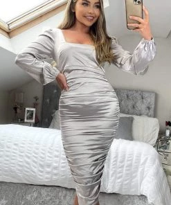 AX Paris Oyster Satin Square Neck Ruched Dress