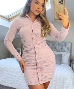 AX Paris Nude Ruched Button Front Bodycon Dress Dresses