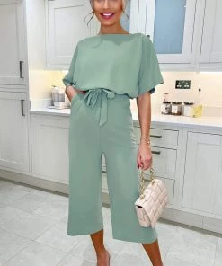 AX Paris Jumpsuits And Playsuits Duck Egg Tie Waist Short Sleeve Culotte Jumpsuit