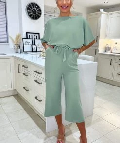 AX Paris Jumpsuits And Playsuits Duck Egg Tie Waist Short Sleeve Culotte Jumpsuit