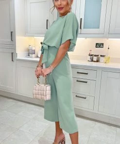 AX Paris Jumpsuits And Playsuits Duck Egg Tie Waist Short Sleeve Culotte Jumpsuit