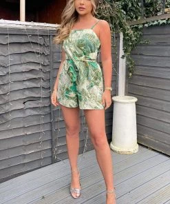 AX Paris Green Marble Print Tie Back Playsuit Jumpsuits And Playsuits