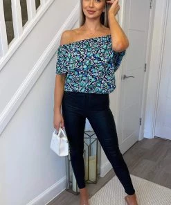 AX Paris Navy Floral Printed Bardot Top