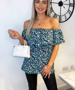 AX Paris Navy Floral Printed Bardot Top