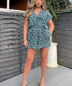 AX Paris Navy And Green Floral Printed Playsuit Jumpsuits And Playsuits