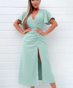 AX Paris Dresses Duck Egg Ruched Split Leg Midi Dress