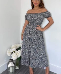 AX Paris Navy Printed Elasticated Waist Bardot Midi Dress Dresses