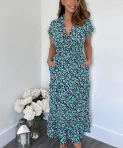 AX Paris Dresses Navy Floral Print Short Sleeved V-Neck Midi Smock Dress