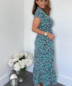 AX Paris Dresses Navy Floral Print Short Sleeved V-Neck Midi Smock Dress