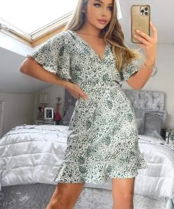AX Paris Cream And Green Printed Short Sleeve Day Dress Dresses