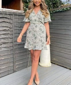 AX Paris Cream And Green Printed Short Sleeve Day Dress Dresses