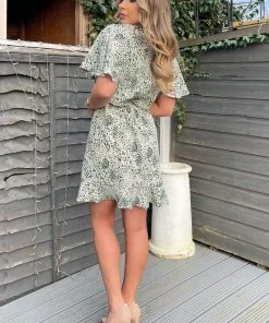 AX Paris Cream And Green Printed Short Sleeve Day Dress Dresses