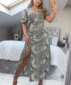 AX Paris Black And Stone Printed Ruched Side Midi Dress Dresses