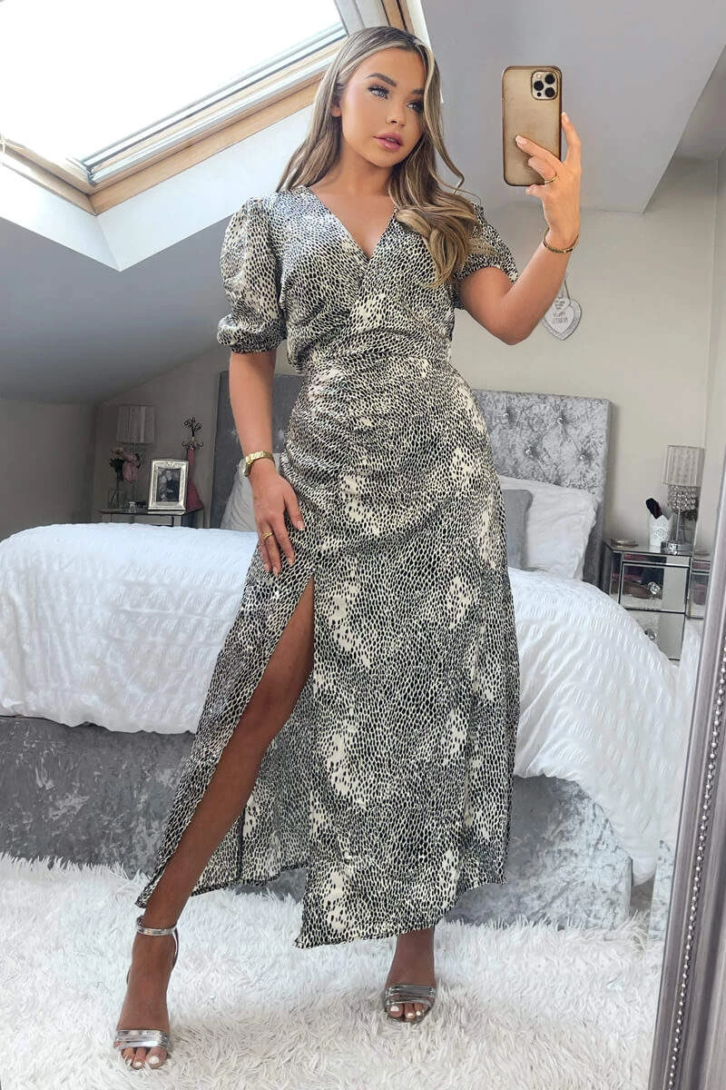 AX Paris Black And Stone Printed Ruched Side Midi Dress Dresses 2 AX Paris Black And Stone Printed Ruched Side Midi Dress Dresses