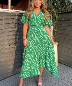 AX Paris Green And White Animal Print Double Slit Midi Dress