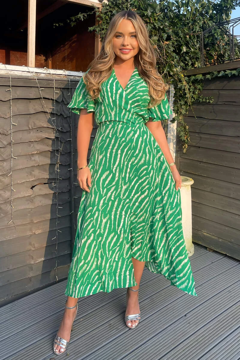AX Paris Green And White Animal Print Double Slit Midi Dress 1 AX Paris Green And White Animal Print Double Slit Midi Dress