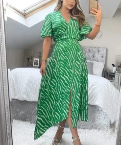 AX Paris Green And White Animal Print Double Slit Midi Dress