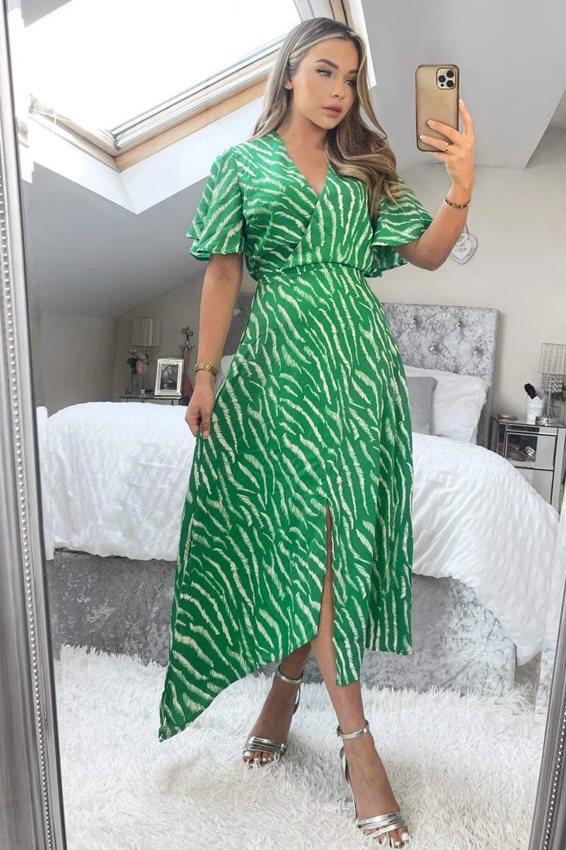 AX Paris Green And White Animal Print Double Slit Midi Dress 2 AX Paris Green And White Animal Print Double Slit Midi Dress
