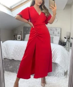 AX Paris Red Ruched Split Leg Midi Dress