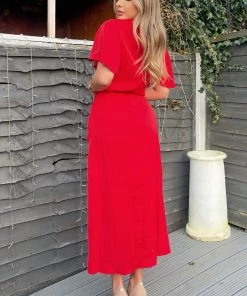 AX Paris Red Ruched Split Leg Midi Dress