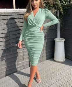 AX Paris Duck Egg Ruched Long Sleeve Cross Front Midi Dress Dresses