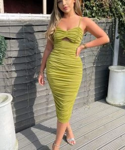 AX Paris Lime Ruched Cut Out Front Midi Bodycon Dress