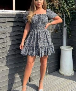 AX Paris Navy Printed Puff Sleeve Shirred Mini Dress