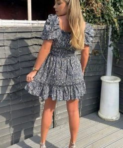 AX Paris Navy Printed Puff Sleeve Shirred Mini Dress