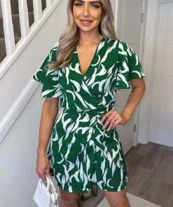 AX Paris Green And White Printed Gathered Mini Dress Dresses