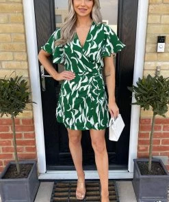 AX Paris Green And White Printed Gathered Mini Dress Dresses