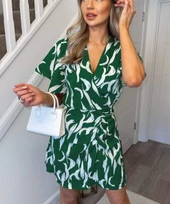 AX Paris Green And White Printed Gathered Mini Dress Dresses 8 AX Paris Green And White Printed Gathered Mini Dress Dresses