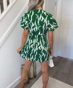 AX Paris Green And White Printed Gathered Mini Dress Dresses 10 AX Paris Green And White Printed Gathered Mini Dress Dresses