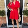AX Paris Dresses Red Wrap Over Belted Skater Dress With Short Sleeves